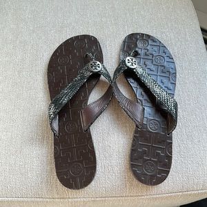 Tory Burch Sandal - metallic snakeskin leather flip flop
